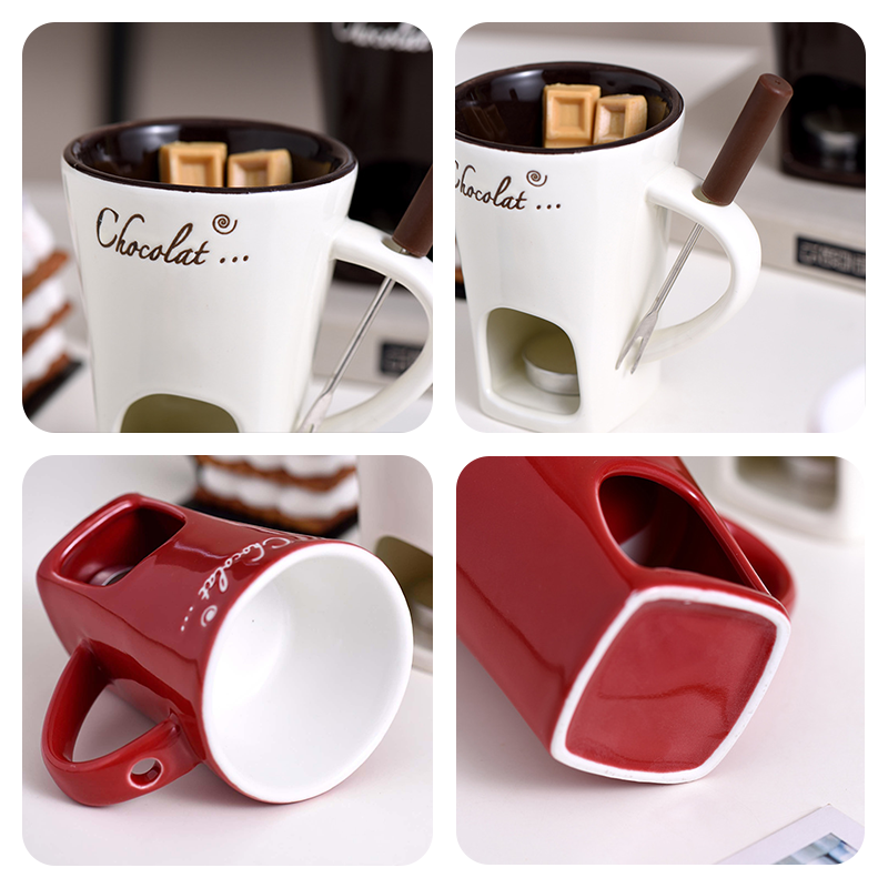 Chocolate Ceramic Fondue Mug Set, Hot Chocolate Cheese Melting Cup Mug, Mini Ceramic Melting Pot for Chocolate & Cheese, Christmas Mug Gift, Valentine's Day Gifts